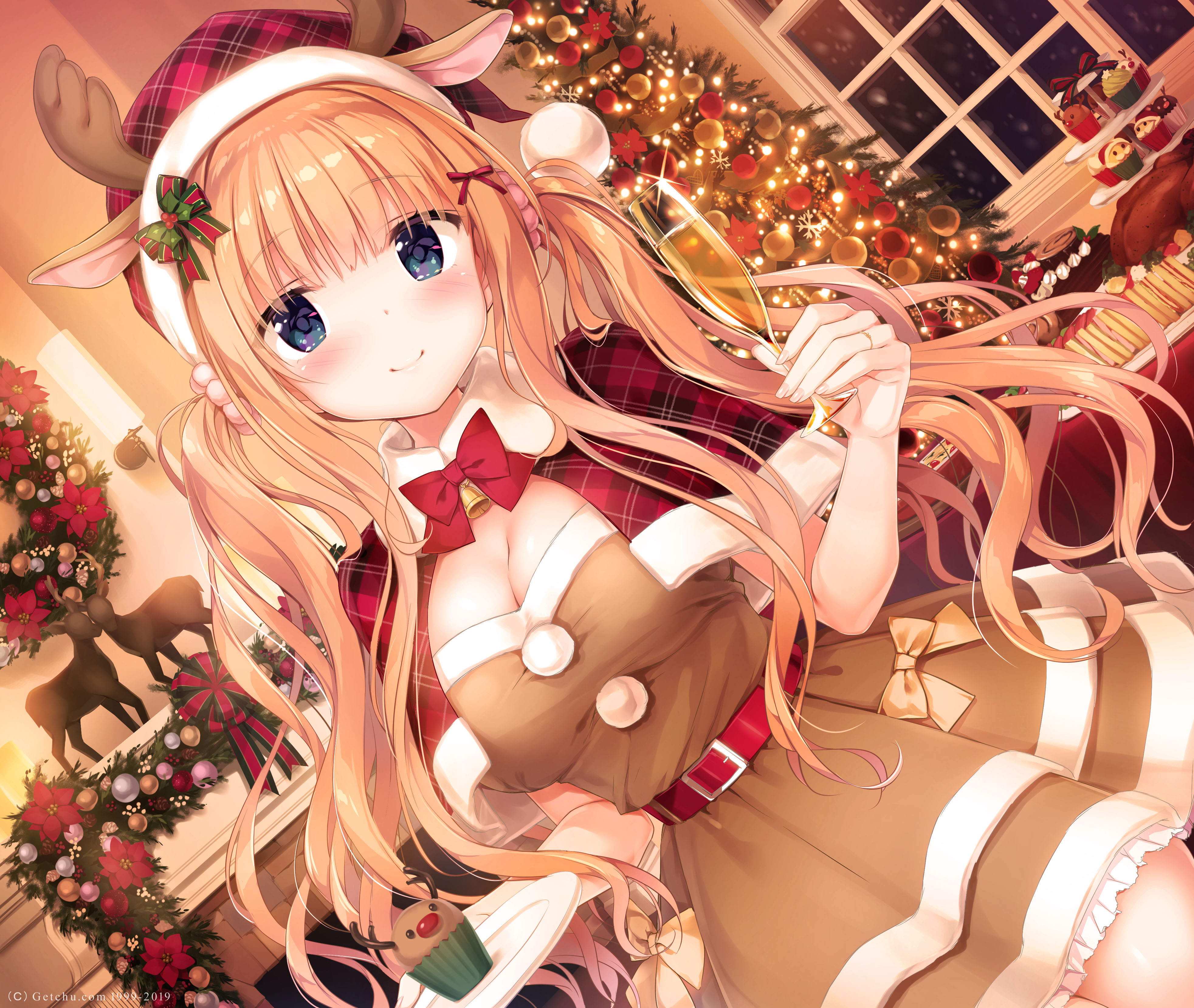 yande.re 629657 animal_ears animal_situation_zukan christmas cleavage dress horns jpeg_artifacts kimishima_ao saijo_melia.jpg